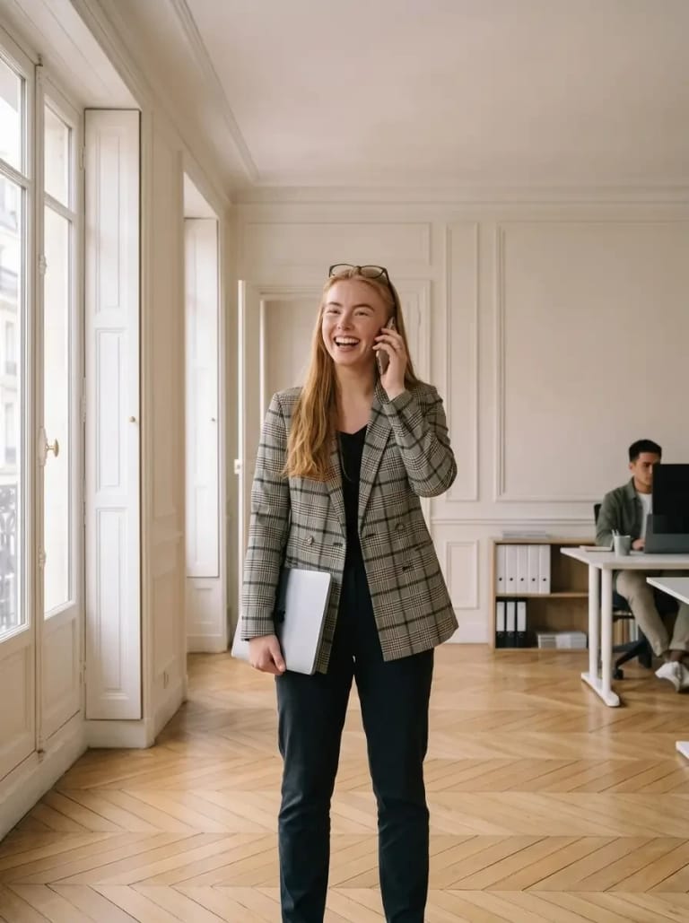 Une chargée de territoire au téléphone, son ordinateur sous le bras